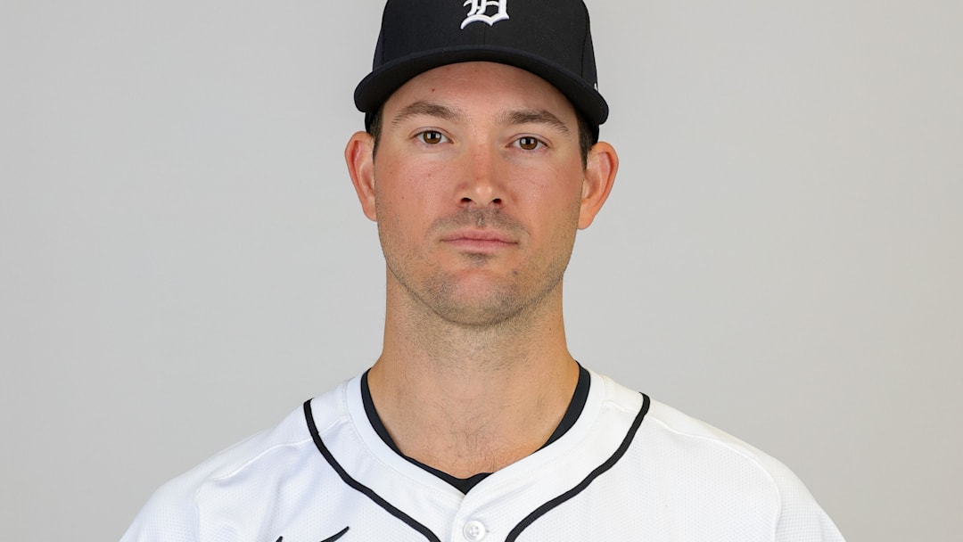 Feb 23, 2024; Lakeland, FL, USA; Detroit Tigers pitcher Drew Anderson (57) poses for a photo during photo day at Joker Marchant stadium.  