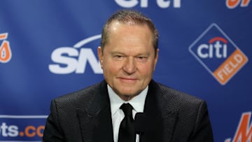 Dec 12, 2024; Flushing, NY, USA; New York Mets right fielder Juan Soto's agent Scott Boras during Soto's introductory press conference at Citi Field. Mandatory Credit: Brad Penner-Imagn Images