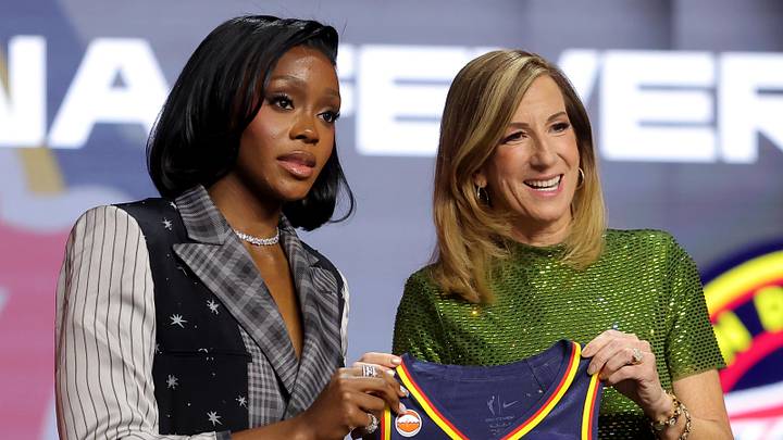 Apr 13, 2026; New York, NY, USA;  WNBA Commissioner Cathy Engelbert (right) poses for photos with Raven Johnson who was selected tenth overall by the Indiana Fever during the 2026 WNBA Draft at The Shed at Hudson Yards. Mandatory Credit: Brad Penner-Imagn Images
