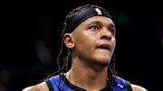 Apr 15, 2025; Orlando, Florida, USA; Orlando Magic forward Paolo Banchero (5) looks on against the Atlanta Hawks in the third quarter at Kia Center. Mandatory Credit: Nathan Ray Seebeck-Imagn Images