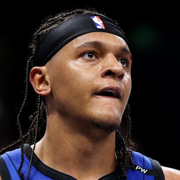 Apr 15, 2025; Orlando, Florida, USA; Orlando Magic forward Paolo Banchero (5) looks on against the Atlanta Hawks in the third quarter at Kia Center. Mandatory Credit: Nathan Ray Seebeck-Imagn Images