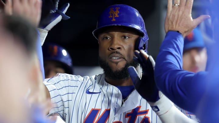 Jun 12, 2024; New York City, New York, USA; New York Mets right fielder Starling Marte (6) celebrates his solo home run against the Miami Marlins with teammates in the dugout during the fifth inning at Citi Field. Mandatory Credit: Brad Penner-USA TODAY Sports