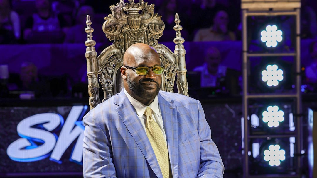 Feb 13, 2024; Orlando, Florida, USA; Shaquille O'Neal during a ceremony to retire his #32 jersey at Amway Center. Mandatory Credit: Mike Watters-Imagn Images
