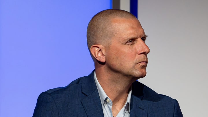 Kentucky head basketball coach Mark Pope listened while Louisville basketball coach Pat Kelsey spoke at the 2024 Leadership Louisville Luncheon at the Kentucky International Convention Center in downtown Louisville on Wednesday, August 28, 2024.