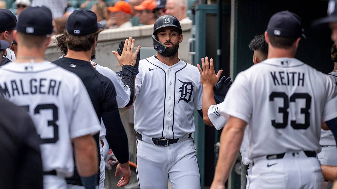 Detroit Tigers outfielder Riley Greene (31) celebrates in the dugout after scoring a run. 