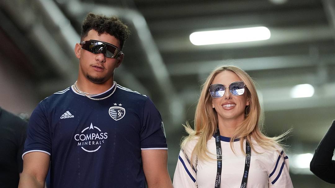 Apr 13, 2024: Patrick Mahomes and his wife Brittany arrive for a match between Inter Miami CF at Sporting Kansas City at Children's Mercy Park. 
