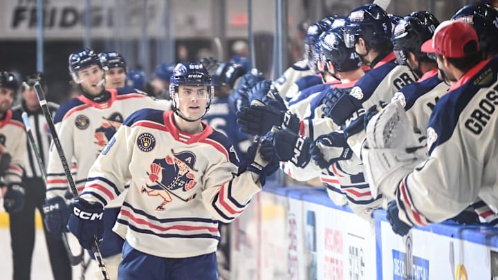 Teammates congratulate Milwaukee Admirals left wing Zach L'Heureux after his goal against the Colorado Eagles
 in the first period of a game Saturday, January 6, 2024, at UW-Milwaukee Panther Arena in Milwaukee, Wisconsin.