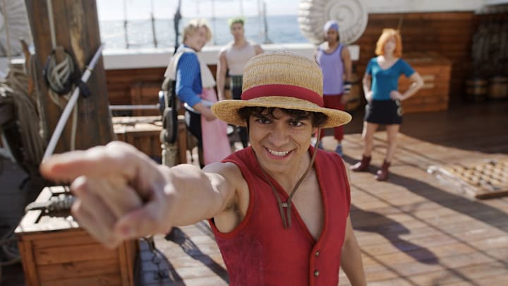 One Piece. (L to R) Taz Skylar as Sanji, Mackenyu as Roronoa Zoro, Iñaki Godoy as Monkey D. Luffy, Jacob Romero as Usopp, Emily Rudd as Nami in season 2 of One Piece.