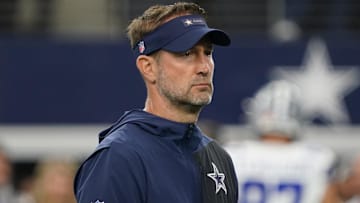 Sep 14, 2025; Arlington, Texas, USA; Dallas Cowboys head coach Brian Schottenheimer looks on before the game against the New York Giants at AT&T Stadium. Mandatory Credit: Raymond Carlin III-Imagn Images