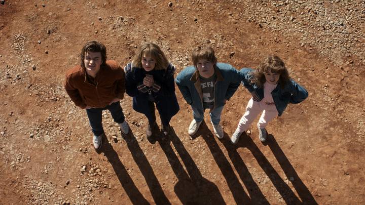 STRANGER THINGS: SEASON 5. (L to R) Joe Keery as Steve Harrington, Maya Hawke as Robin Buckley, Charlie Heaton as Jonathan Byers, and Natalia Dyer as Nancy Wheeler in Stranger Things: Season 5. Cr. COURTESY OF NETFLIX © 2025
