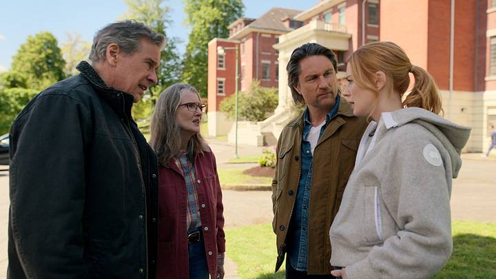 Virgin River. (L to R) Tim Matheson as Doc, Annette O'Toole as Hope McCrea, Martin Henderson as Jack Sheridan, Alexandra Breckenridge as Mel Monroe in episode 609 of Virgin River