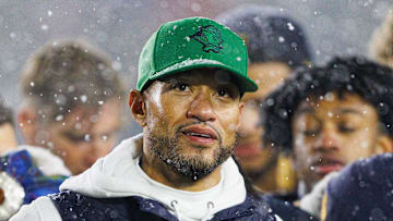 Notre Dame head coach Marcus Freeman celebrates with his players after winning a NCAA football game 49-10 against Navy at Notre Dame Stadium on Saturday, Nov. 8, 2025, in South Bend.