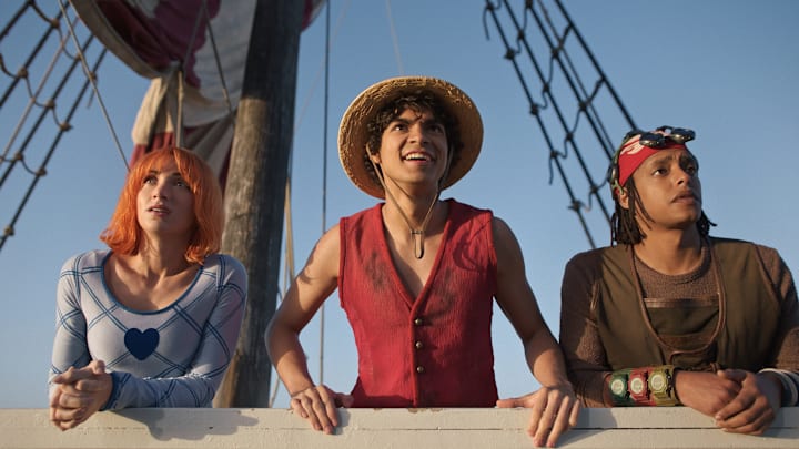(L to R) Emily Rudd as Nami, Iñaki Godoy as Monkey D. Luffy, Jacob Romero as Usopp in season 2 of One Piece