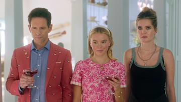 Sirens. (L to R) Glenn Howerton as Ethan, Milly Alcock as Simone, Meghann Fahy as Devon in episode 101 of Sirens