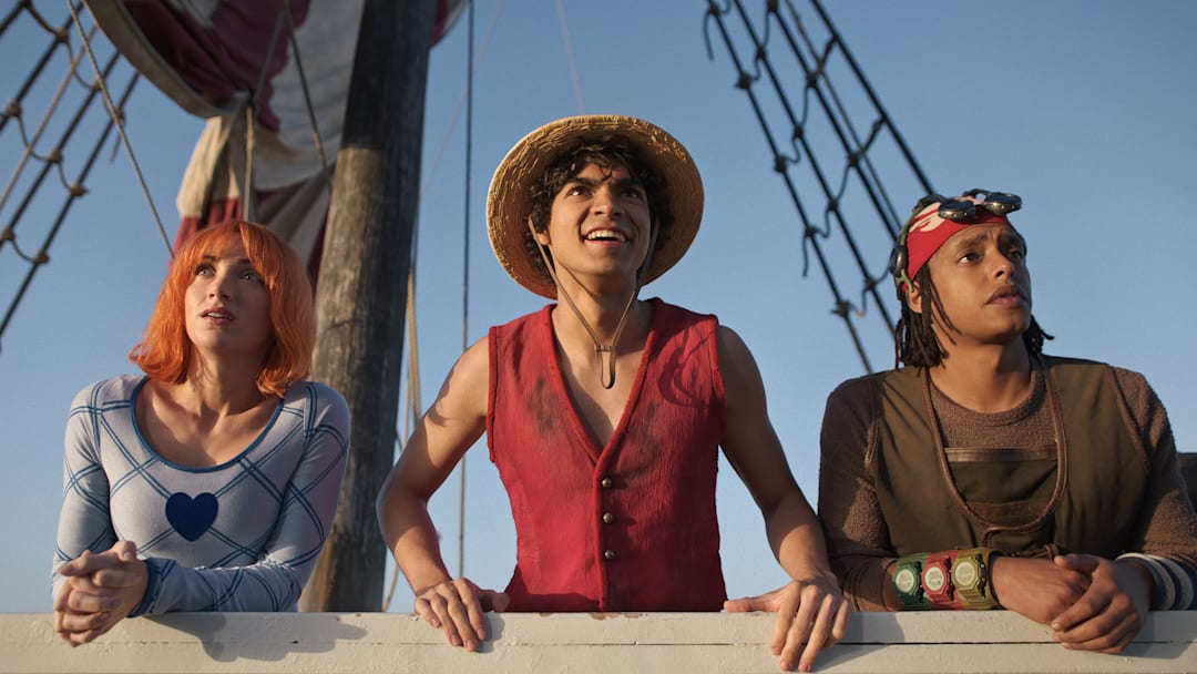 (L to R) Emily Rudd as Nami, Iñaki Godoy as Monkey D. Luffy, Jacob Romero as Usopp in season 2 of One Piece