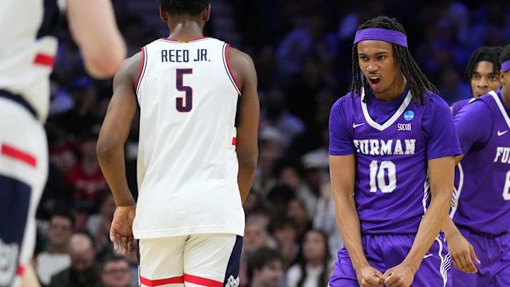 Mar 20, 2026; Philadelphia, PA, USA; Furman Paladins guard Alex Wilkins (10) reacts in the first half during a first round game of the men's 2026 NCAA Tournament at Xfinity Mobile Arena. Mandatory Credit: Kyle Ross-Imagn Images