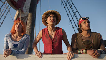 (L to R) Emily Rudd as Nami, Iñaki Godoy as Monkey D. Luffy, Jacob Romero as Usopp in season 2 of One Piece