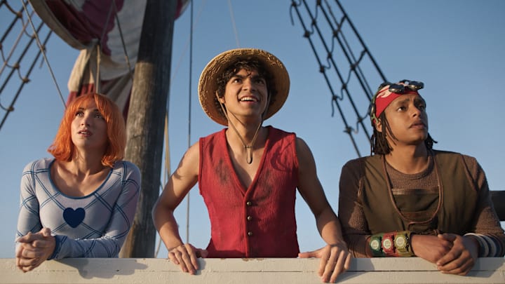 (L to R) Emily Rudd as Nami, Iñaki Godoy as Monkey D. Luffy, Jacob Romero as Usopp in season 2 of One Piece
