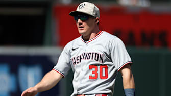 May 17, 2025; Baltimore, Maryland, USA; Washington Nationals outfielder Jacob Young (30) looks on before a game against the Baltimore Orioles at Oriole Park at Camden Yards. 