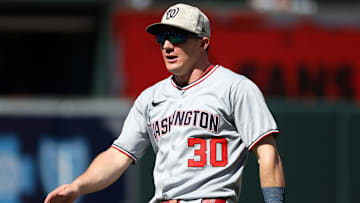 May 17, 2025; Baltimore, Maryland, USA; Washington Nationals outfielder Jacob Young (30) looks on before a game against the Baltimore Orioles at Oriole Park at Camden Yards. 
