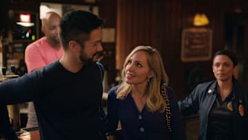 Virgin River. (L to R) Colin Lawrence as Preacher, Marco Grazzini as Mike, Zibby Allen as Brie, Kandyse McClure as Kaia in episode 606 of Virgin River