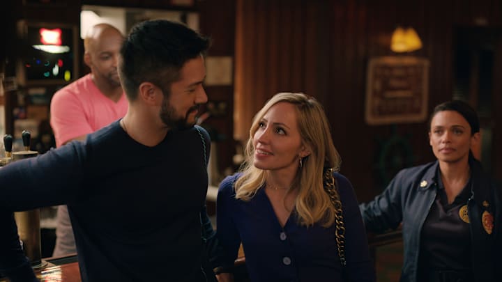 Virgin River. (L to R) Colin Lawrence as Preacher, Marco Grazzini as Mike, Zibby Allen as Brie, Kandyse McClure as Kaia in episode 606 of Virgin River