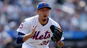 Jun 12, 2025; New York City, New York, USA; New York Mets relief pitcher Edwin Diaz (39) reacts after getting the final out of the game against the Washington Nationals at Citi Field. Mandatory Credit: Brad Penner-Imagn Images
