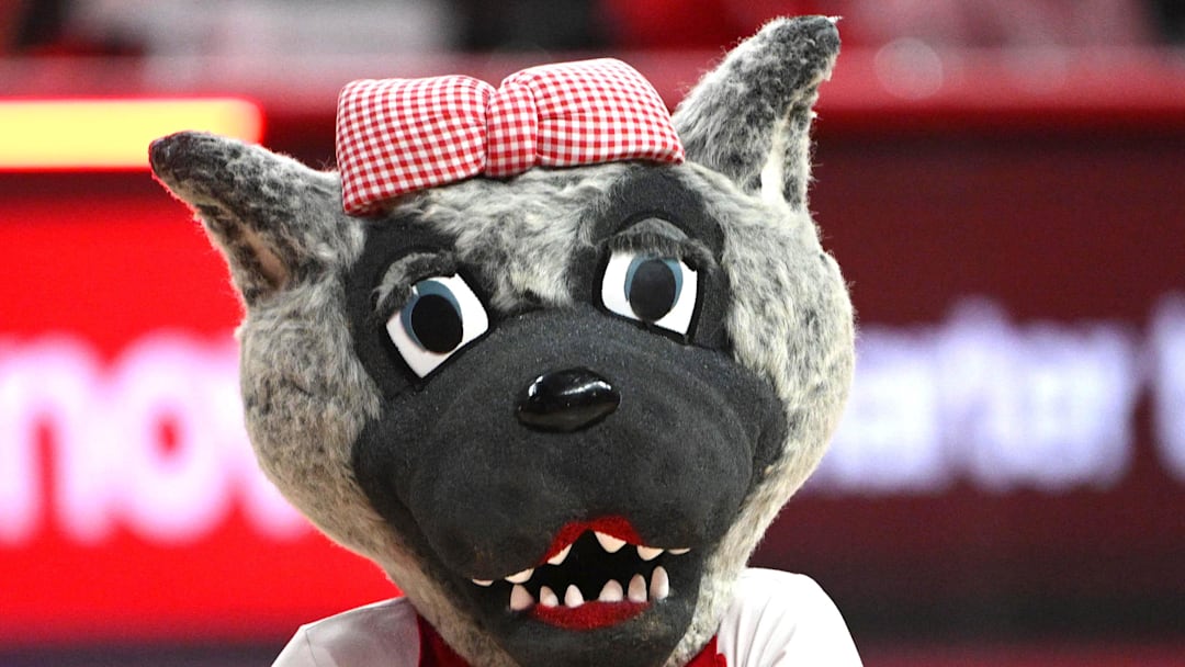 Feb 17, 2026; Raleigh, North Carolina, USA;  NC State Wolfpack's Ms. Wuf dancing during the second half against the North Carolina Tar Heels at Lenovo Center. Mandatory Credit: Zachary Taft-Imagn Images