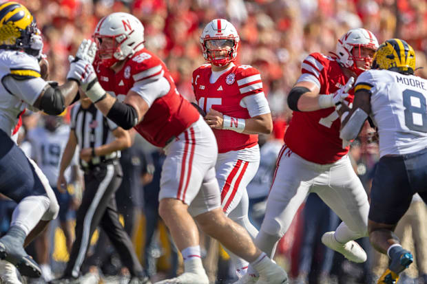 Nebraska quarterback Dylan Raiola looks for a receiver during the second quarter against Michigan on Sept. 20, 2025.