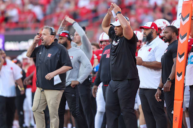 Matt Rhule and Tony White during the Huskers' 2023 win over Northwestern.