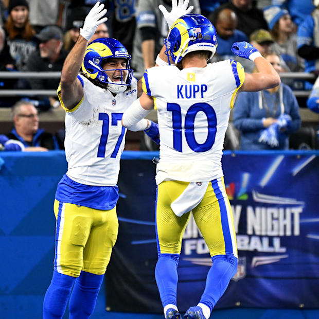 Los Angeles Rams wide receiver Puka Nacua (17) celebrates with wide receiver Cooper Kupp (10)