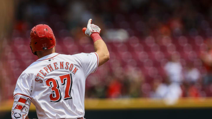 Jul 11, 2024; Cincinnati, Ohio, USA; Cincinnati Reds designated hitter Tyler Stephenson (37) runs the bases after hitting a three-run home run in the third inning against the Colorado Rockies at Great American Ball Park. Mandatory Credit: Katie Stratman-USA TODAY Sports