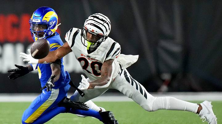 Cincinnati Bengals cornerback DJ Turner II (20) defends a pass intended for Los Angeles Rams wide receiver Tutu Atwell (5) in the fourth quarter during a Week 3 NFL football game between the Los Angeles Rams and the Cincinnati Bengals, Monday, Sept. 25, 2023, at Paycor Stadium in Cincinnati. The Cincinnati Bengals won, 19-16.