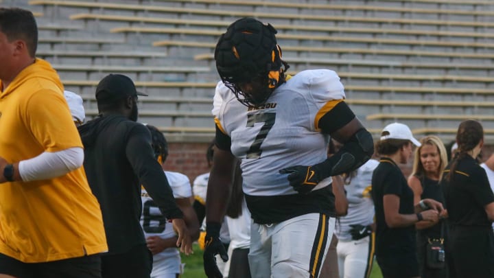 Aug 17, 2024; Columbia, Missouri USA; Missouri Tigers defensive tackle Chris McClellan (7) runs into the tunnel during the team's practice at Faurot Field. 