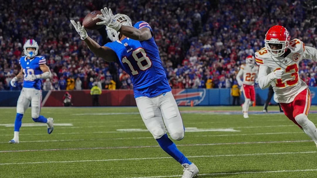 Nov 17, 2024; Orchard Park, New York, USA; Buffalo Bills wide receiver Amari Cooper (18) makes a catch against the Kansas City Chiefs during the first half at Highmark Stadium. Mandatory Credit: Gregory Fisher-Imagn Images