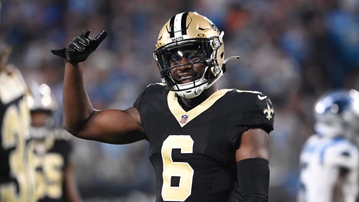 Sep 18, 2023; Charlotte, North Carolina, USA; New Orleans Saints safety Marcus Maye (6) reacts in the fourth quarter at Bank of America Stadium. Mandatory Credit: Bob Donnan-USA TODAY Sports