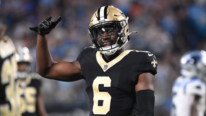 Sep 18, 2023; Charlotte, North Carolina, USA; New Orleans Saints safety Marcus Maye (6) reacts in the fourth quarter at Bank of America Stadium. Mandatory Credit: Bob Donnan-USA TODAY Sports