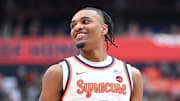Feb 24, 2024; Syracuse, New York, USA; Syracuse Orange guard JJ Starling (2) reacts to making a basket against the Notre Dame Fighting Irish in the first half at the JMA Wireless Dome. Mandatory Credit: Mark Konezny-Imagn Images