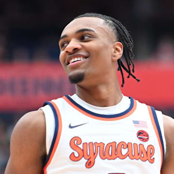 Feb 24, 2024; Syracuse, New York, USA; Syracuse Orange guard JJ Starling (2) reacts to making a basket against the Notre Dame Fighting Irish in the first half at the JMA Wireless Dome. Mandatory Credit: Mark Konezny-Imagn Images