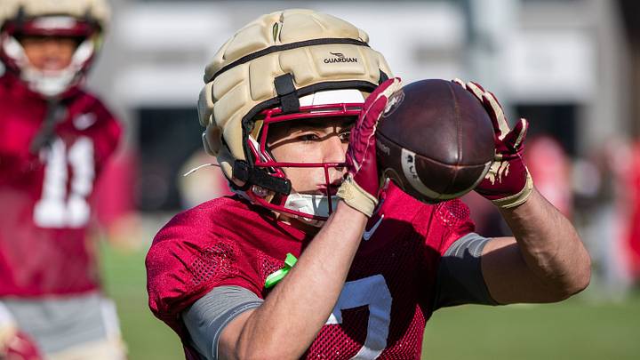 Florida State Seminoles wide receiver Jasen Lopez (7) catches a pass Thursday, April 9, 2026.