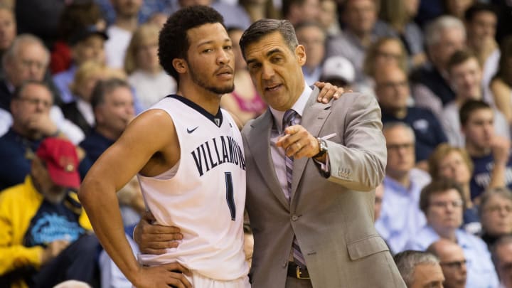 Feb 25, 2017; Villanova, PA, USA; Villanova Wildcats guard Jalen Brunson (1) and head coach Jay Wright talk during a break in the second half against the Creighton Bluejays at The Pavilion. The Villanova Wildcats won 79-63. Mandatory Credit: Bill Streicher-USA TODAY Sports