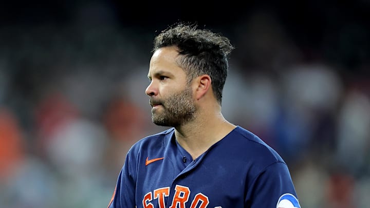 Apr 19, 2026; Houston, Texas, USA; Houston Astros second baseman Jose Altuve (27) walks to the dugout following the final out against the St. Louis Cardinals during the 10th inning at Daikin Park. Mandatory Credit: Erik Williams-Imagn Images