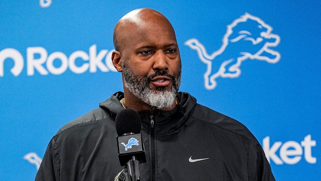 Detroit Lions general manager Brad Holmes speaks during media availability at team's Allen Park Performance Center 