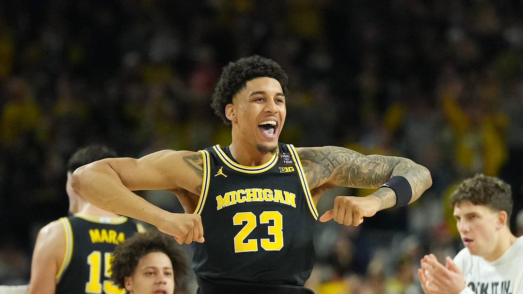 Apr 4, 2026; Indianapolis, IN, USA;  Michigan Wolverines forward Yaxel Lendeborg (23) reacts against the Arizona Wildcats in the first half during a semifinal of the Final Four of the men's 2026 NCAA Tournament at Lucas Oil Stadium. Mandatory Credit: Robert Deutsch-Imagn Images