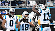 Carolina Panthers wide receiver Jalen Coker celebrates with Ja'Tavion Sanders and Xavier Legette after a touchdown
