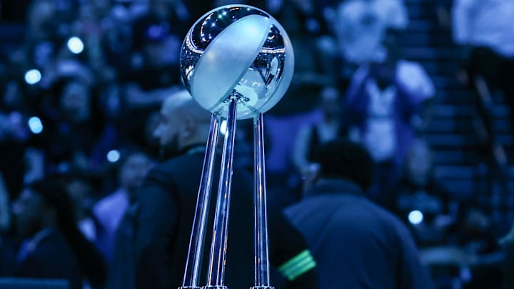May 17, 2025; Brooklyn, New York, USA;  The 2024 WNBA Championship Trophy at Barclays Center. Mandatory Credit: Wendell Cruz-Imagn Images
