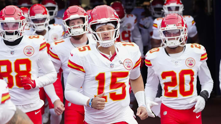 Nov 17, 2024; Orchard Park, New York, USA; Kansas City Chiefs quarterback Patrick Mahomes (15) runs onto the field prior to the game against the Buffalo Bills at Highmark Stadium. Mandatory Credit: Gregory Fisher-Imagn Images