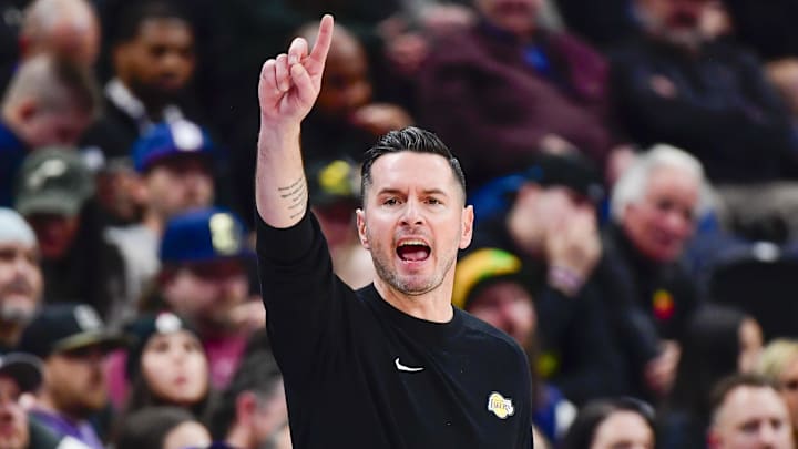 Dec 1, 2024; Salt Lake City, Utah, USA; Los Angeles Lakers head coach JJ Redick calls a play against the Utah Jazz during the first half at the Delta Center. Mandatory Credit: Christopher Creveling-Imagn Images