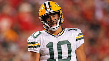 Aug 25, 2022; Kansas City, Missouri, USA; Green Bay Packers quarterback Jordan Love (10) reacts during the first half against the Kansas City Chiefs at GEHA Field at Arrowhead Stadium. Mandatory Credit: Jay Biggerstaff-Imagn Images