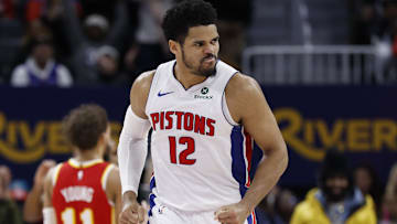 Feb 3, 2025; Detroit, Michigan, USA;  Detroit Pistons forward Tobias Harris (12) : Rick Osentoski-Imagn Images